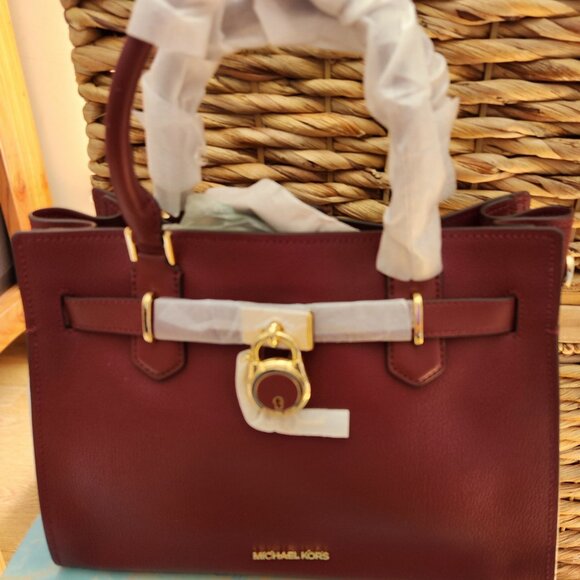 Michael Kors NWT Hamilton Medium Dark Cherry Leather Satchel - Picture 1 of 5